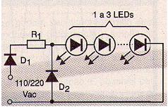 Figura 1 circuito para conectar 1 3 LEDs de alimentación red de 110 V o 220 V.
