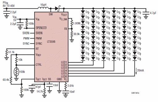 Circuito conductor para 60 LED con 90% de eficiencia utilizando el LT3598 de Linear Technology.
