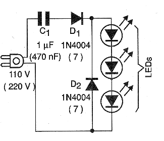Figura 3 - Circuito de menor consumo donde la reducción de la tensión es hecha por la reactancia capacitiva de un capacitor. Busque en nuestro sitio Fuentes sin Transformador para más información.
