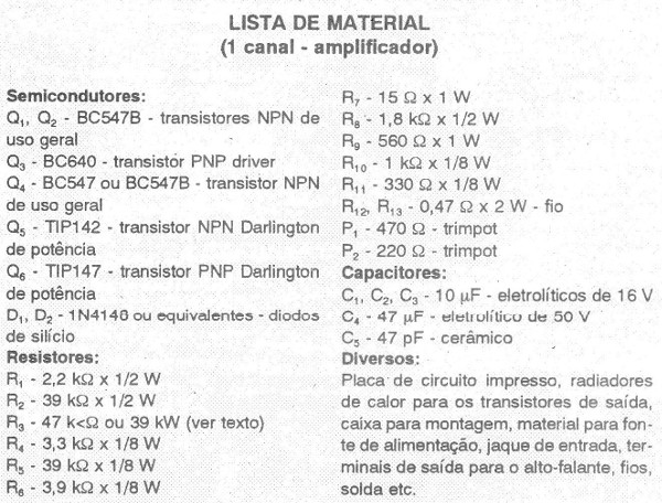 Lista de materiales conforme original en português
