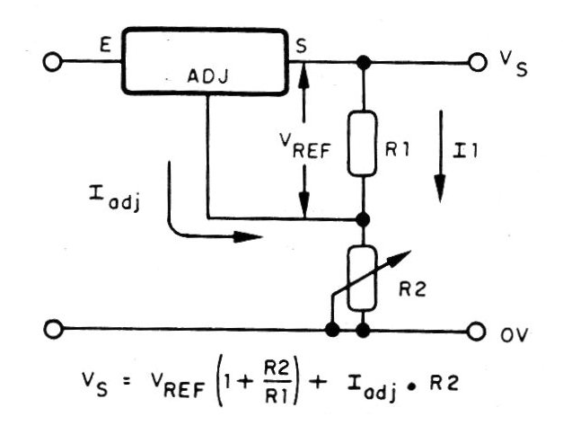 Fig. 2 - Uso del LM338. Fórmula para la determinación de la tensión de salida.
