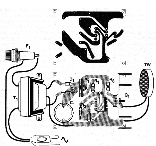 Figura 3 -  Placa de circuito impreso para el montaje. El transformador se monta fuera del tablero.
