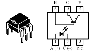 Símbolo y aspecto de un acoplador óptico típico - el 4N25
