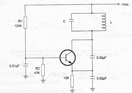 Figura 11 - Oscilador de Colpitts  con transistor. Los componentes están con los  valores típicos
