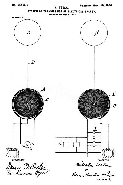 Figura 1- Patente de Tesla describiendo un modo de transmitir energía inalámbrica.

