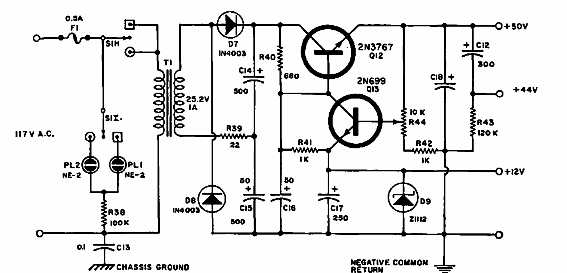 12 Fuente de alimentación regulada de 44 y 50 V 
