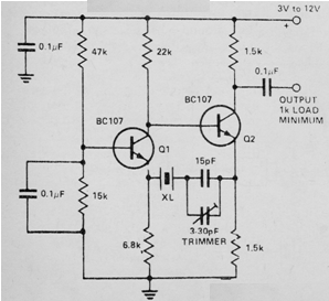 Oscilador de cristal 100 kHz a 30 MHz 
