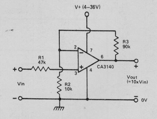 Amplificador de ganancia 10 con CA3140 
