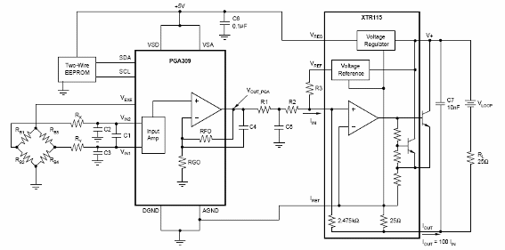 Generador 4mA a 20 mA con XTR115 y PGA309 
