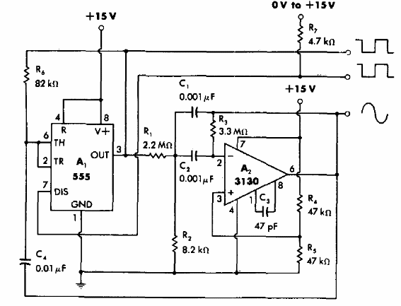 Oscilador sinusoidal y cuadrado de 1 kHz 
