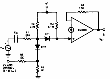 Amplificador DC LM3900 con control de ganancia 
