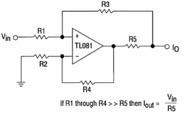 Fuente de corriente controlada por tensión TL081 
