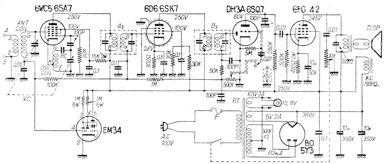 Figura 7 – Radio con válvula de ojo mágico (esquema)
Figura 7 – Radio con válvula de ojo mágico (esquema)