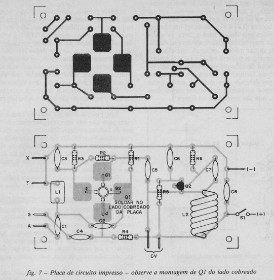 Fig 7 -  Placa de circuito impreso - observe el montaje de Q1 en el lado de cobre