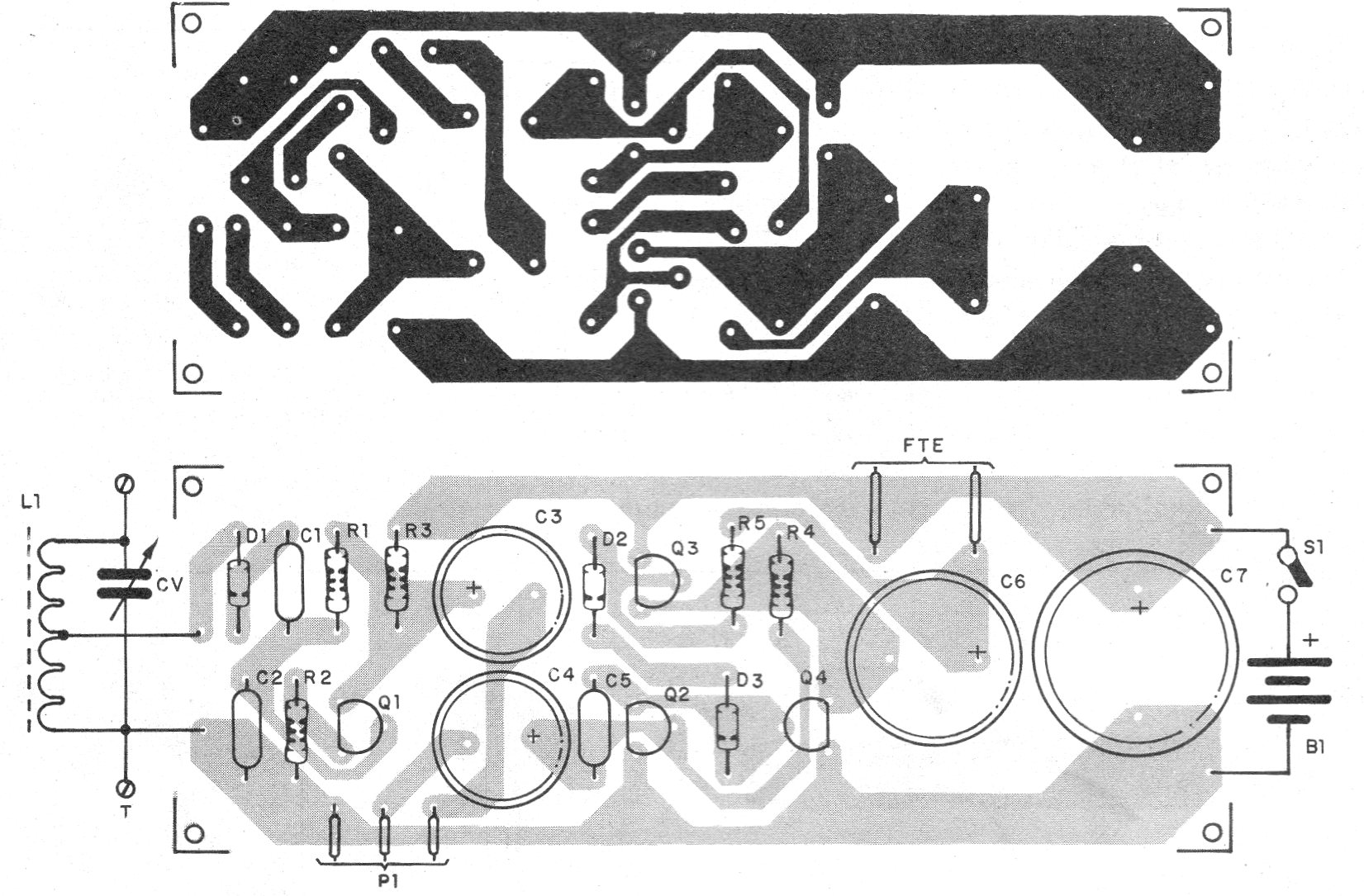 Figura 3 - Placa de circuito impreso para la radio de 4 transistores
Figura 3 - Placa de circuito impreso para la radio de 4 transistores